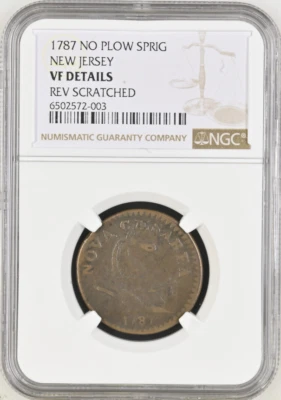 :1787 NO PLOW SPRIG NEW JERSEY POST COLONIAL NGC VF-DET'L BULBOUS NOSE MARIS 43d - Image 1 of 2