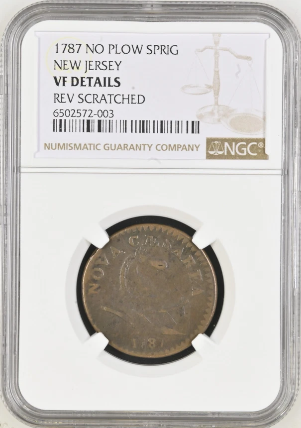 :1787 NO PLOW SPRIG NEW JERSEY POST COLONIAL NGC VF-DET'L BULBOUS NOSE MARIS 43d - Image 1 of 2