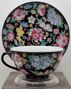 Vintage Chinese (CX285) Black Multicolor High Contrast Floral Cup & Saucer - Picture 1 of 10