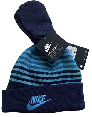 Nike Toddler Boys Size 12/24M Hat and Mittens 2 Piece Set Blue Navy New - Image 1 of 4