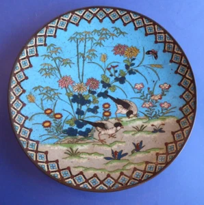 grand plat en émail cloisonné Japon Meiji bamboo oiseaux Japanese enamel charger - Imagen 1 de 8