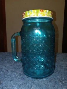 Pioneer Woman Blue Glass Mug 7 inch Screw Type Lid *Used* - Picture 1 of 5