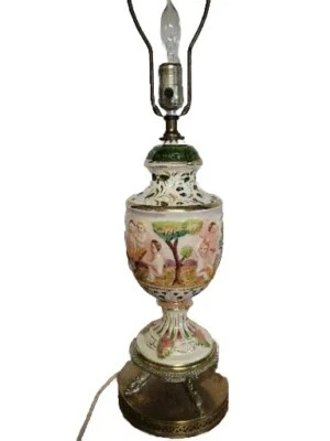 Vtg. Italian Capodimonte Style Cherub People 4 Scenes Lamp Base Gold Accents - Image 1 of 4