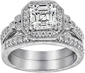 Platinum-Plated Sterling Silver Antique Ring set with Asscher-Cut Zirconia - Picture 1 of 4