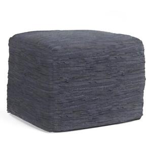 Simpli Home Pouf 18" x 14" Coastal Square Faux Leather Cotton Woven in Dark Blue