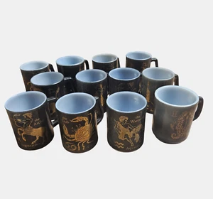 Lot of 12 Vintage Federal Glass Zodiac Astrology Mugs Horoscope Black Gold - Picture 1 of 21