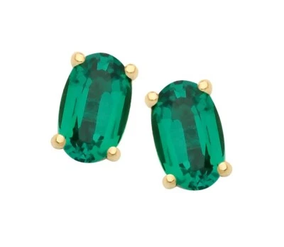 9ct Yellow Gold Created Emerald Oval Solitaire Stud Earrings - May Birthstone - Image 1 of 4