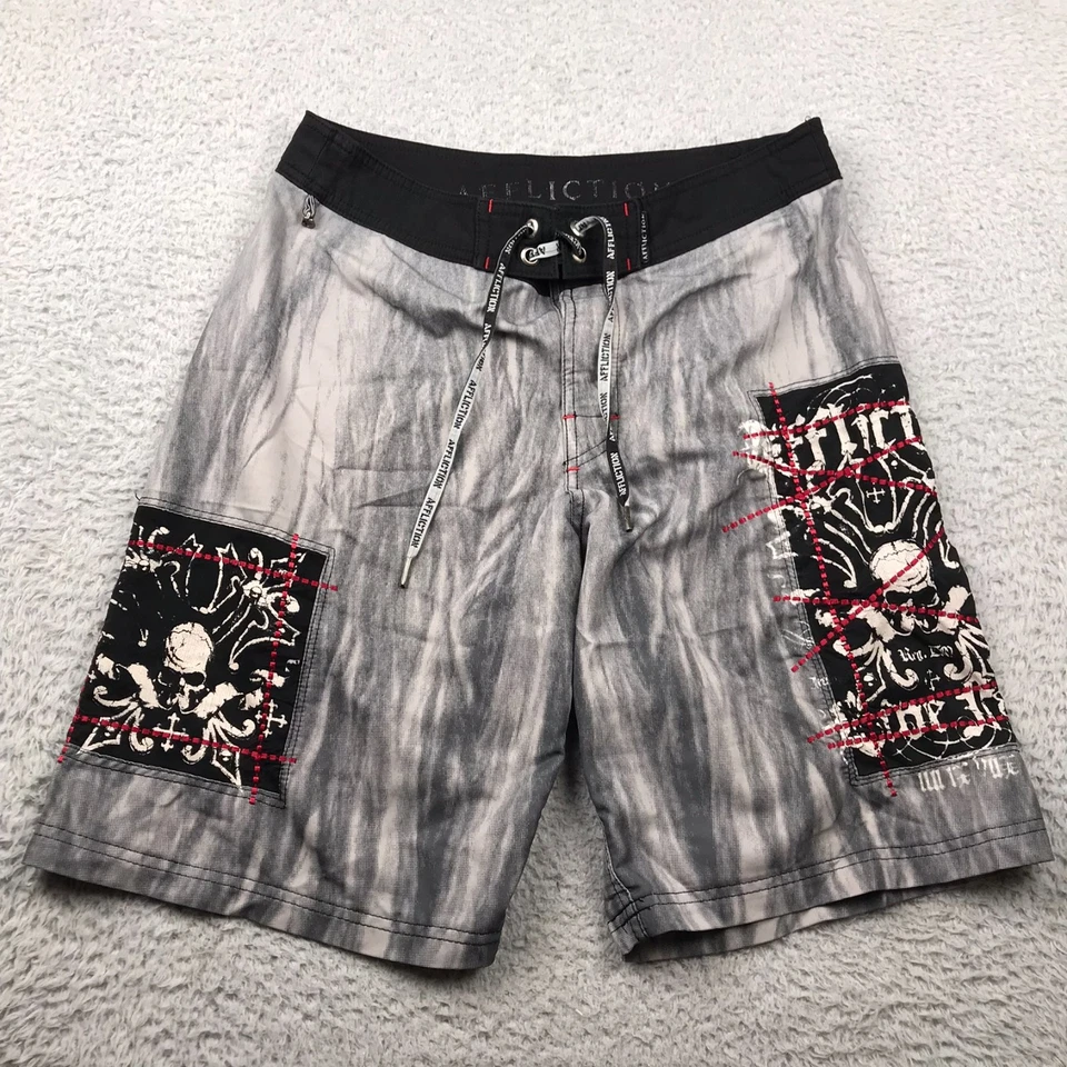Bañador Affliction Board Shorts Para Hombre 32 Gris Gráfico Calavera 10" Y2K De Colección Foto 1 de 4