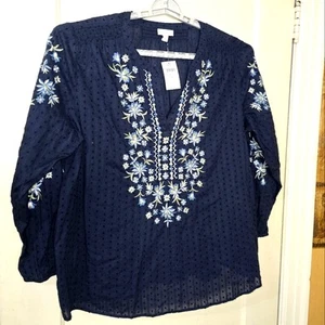 Top tunica J.Jill Swiss Dot cotone blu navy ricamato taglia XL - Foto 1 di 11