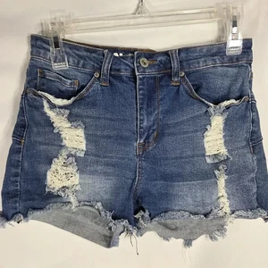 S.O.N.G. Curvy High Rise blau abgenutzt roher Saum Jeansshorts Junior Größe 7/28 - Bild 1 von 10
