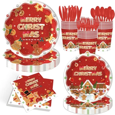 140Pcs Christmas Gingerbread Party Decorations Tableware Set Christmas Gingerbre - Image 1 of 4