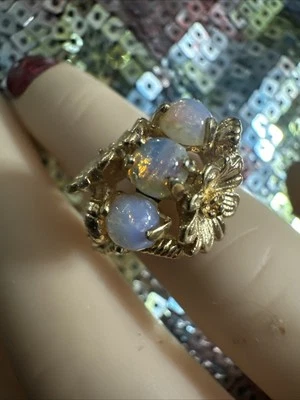 AVON Signed, Antique, Gold Tone, Fire Opalescent Simulated Glass Stones, Floral - Image 1 of 4