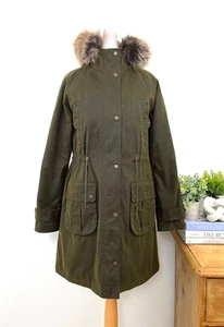 Parka BARBOUR Olive Tern Wax Reino Unido 10 UE 36 EE. UU. 6 gabardina mediana capucha de piel sintética - Imagen 1 de 15