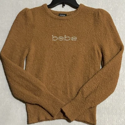 BEBE Sweater Women Sz M Cinnamon Brown Bling Logo Athleisure Pullover Fuzzy Y2K - Image 1 of 4