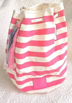 NWT Victoria’s Secret Striped Tassel Drawstring Beach Bag Pink & Beige Backpack - Image 1 of 4