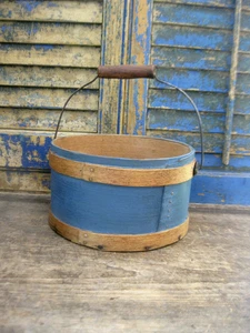Frühe antike Holz Vorratsdose mit Bügelgriff blaue Milchfarbe - Bild 1 von 11