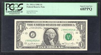 FR. 1911-J 1981 $1 FRN FEDERAL RESERVE NOTE KANSAS CITY, MO PCGS GEM UNC-68PPQ - Image 1 of 2