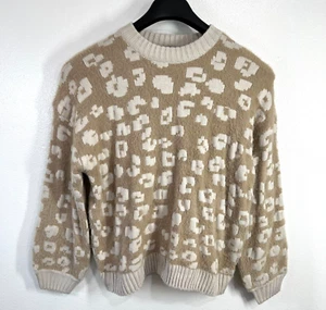 Splendid Mal Leopard Sweater Womens Small Beige Pullover Crew Neck Cozy Soft - Picture 1 of 11