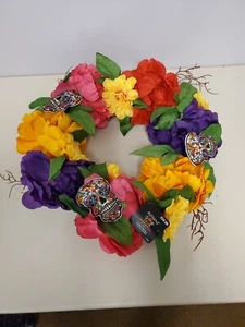 Ashland Sugar Skull dia de los muertos 17in round floral skull Halloween wreath  - Picture 1 of 6