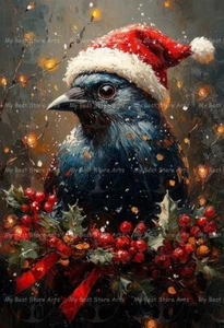 CHRISTMAS CROW SANTA HAT ART PRINT, Holiday Home Decor, Raven Bird Poster E670 - Picture 1 of 3