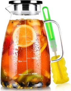 68oz Glass Pitcher with Lid, Stainless Steel Iced Tea Jug - Picture 1 of 7