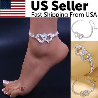 Double Heart Anklet Bracelet Love Barefoot Chain Bling Crystal Ankle Bracelet US - Image 1 of 4