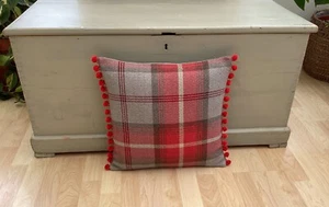 Balmoral Cherry pompom trim Red & grey Tartan tweed Decorative cushion cover - Picture 1 of 2