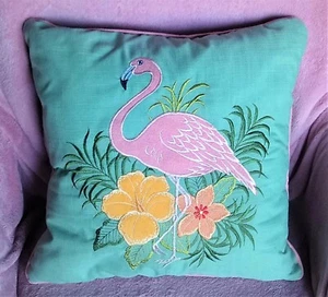 NWT Secret Celebrity Flamingo Appliqued Tropical Outdoor Patio Lawn Pillow - Picture 1 of 6