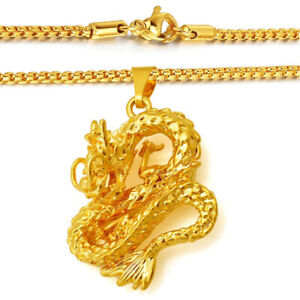 24k Gold Bold Dragon Pendant And Link Chain 20" Mens Womens Necklace D951