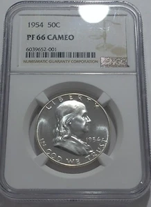 1954 NGC PF66 Cameo Proof Ben Franklin Half Dollar 50c 90% Silver White Coin - Picture 1 of 3