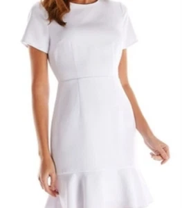 TCEC Soft GEORGETTE Zip Back RUFFLE TRIM White PARTY/COCKTAIL Sheath Dress Sz L - Picture 1 of 6