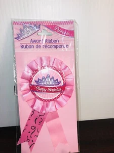 NIP Pink Happy Birthday Princess Crown Button Badge Hat Vest Pinback Pin Ribbon - Picture 1 of 4