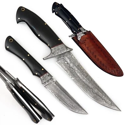 Duet Of Custom Handmade Damascus Steel Fixed Blade Outdoor Camping Hunting Knife - Image 1 of 4