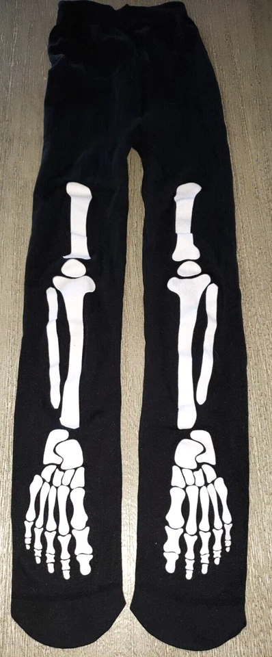 girls BLACK HALLOWEEN TIGHTS SKELETON BONES ON FRONT 29 inch long size 8/10? - Image 1 of 1
