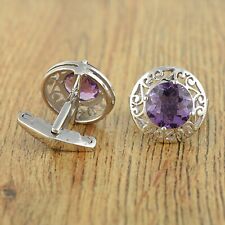 925 Sterling Silver Natural Round Cut Amethyst Gemstone Cuff links Men's Jewelry