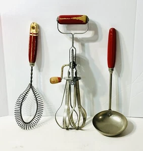 Set of 3 Vintage Kitchen Utensils With Red Wooden Handles. Ladle Is A&J - Picture 1 of 9