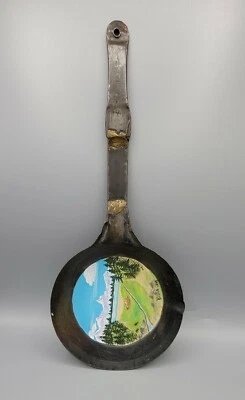 Vintage Metal Fry Pan Rustic Primitive Folk Art Handpainted Scene Lake Campfire - Image 1 of 4