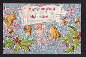 c1910 silver embossed Cherub Angel Bells Christmas postcard - Foto 1 di 2