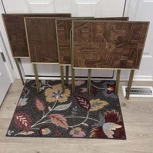 VINTAGE  Mid Century Modern Set of 4 Faux Parquet Wood Metal TV Tray Tables - Picture 1 of 8