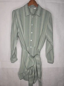 Zara Zoe Shirt Dress Green Stipe Tie Front Long Sleeve 7% Linen Boho Lagenlook M - Picture 1 of 18