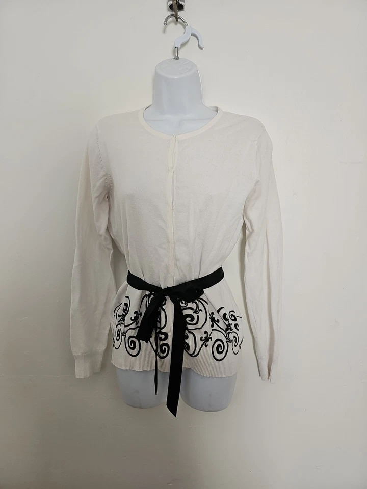 Cárdigan East 5th Blanco Suéter a Presión Talla Pequeña Negro Diseño Remolino Dobladillo L/Slv Foto 1 de 4