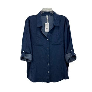 NWT NY Collection Chambray Snap Close Shirt Womens XL Roll-Tab Sleeve Blue - Picture 1 of 6