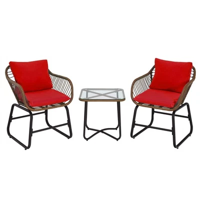 Patiojoy Patio 3PCS Rattan Bistro Set Cushioned Chair Glass Table Deck Red - Image 1 of 4