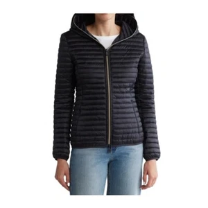 Save The Duck Womens Black Hooded Puffer Water Resistant Shiny Jacket Sz L New - Picture 1 of 13