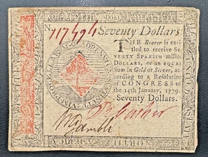 1779 January 14th, Continental Currency Note $70 SEVENTY Spanish Milled Dollars - Picture 1 of 5