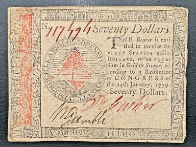 1779 January 14th, Continental Currency Note $70 SEVENTY Spanish Milled Dollars - Image 1 of 4