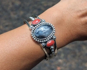 Navajo Cuff Bracelet Sterling Petrified Wood Native Jewelry NA Signed sz 6.75 - Picture 1 of 10