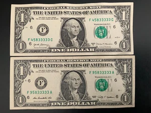 2017A,2009 $1 DOLLAR BILL F45833333C, F95833333A - Picture 1 of 6