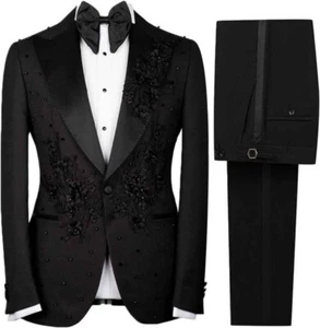 Men Black Applique Suit Beaded Single Breasted Tuxedo Peak Lapel Custom Wedding - Picture 1 of 11