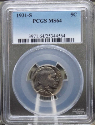 :1931-S 5C INDIAN-HEAD BUFFALO NICKEL NEAR GEM PCGS MS 64 RARITY R2 HIGH GRADES - Image 1 of 3